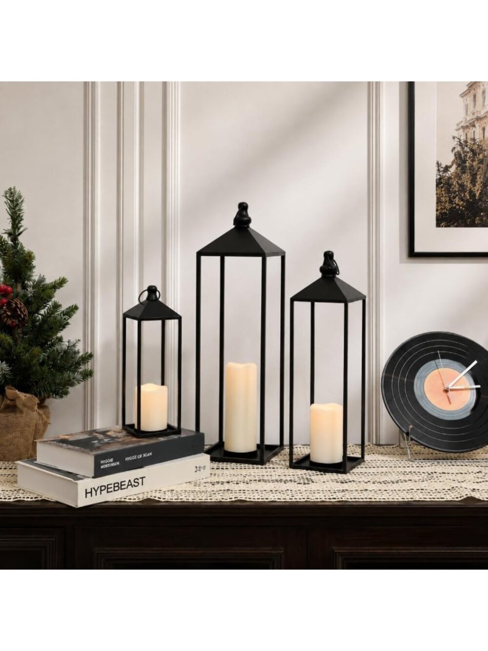 Set of 3 Large Black LED Lanterns with Flameless Candles for Indoor & Outdoor